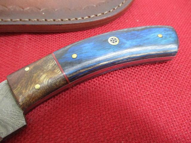 Hand Made Damascus Steel Knife w/ Sheath-8" Wood