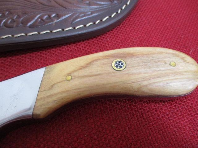 Hand Made Damascus Steel Knife w/ Sheath-8" Wood