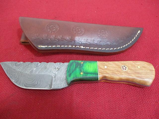 Hand Made Damascus Steel Knife w/ Sheath-9" Wood