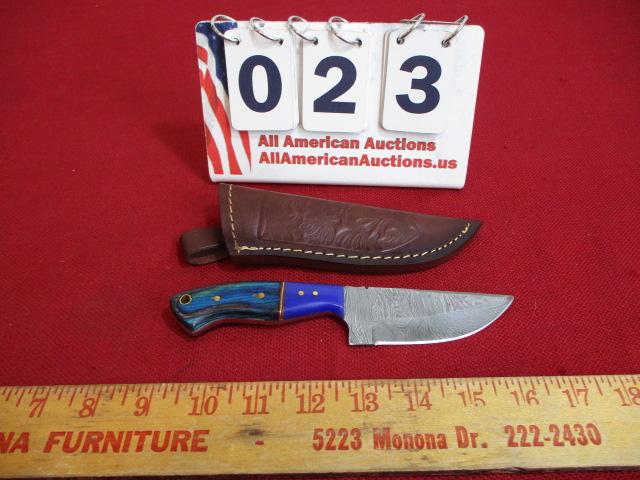 Hand Made Damascus Steel Knife w/ Sheath-8" Wood