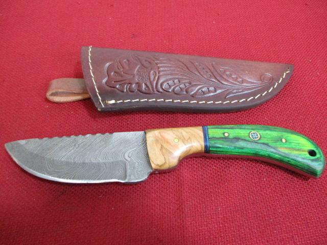 Hand Made Damascus Steel Knife w/ Sheath-8" Wood