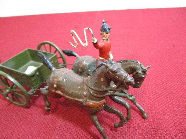 Vintage Lead Soldier w/ Pair of Horses and Two Pull Behind Wagons