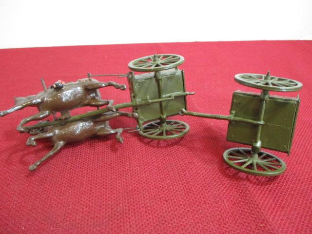 Vintage Lead Soldier w/ Pair of Horses and Two Pull Behind Wagons