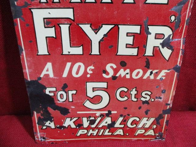 Ourida and White Flyer Early Tin Tacker Advertising Sign