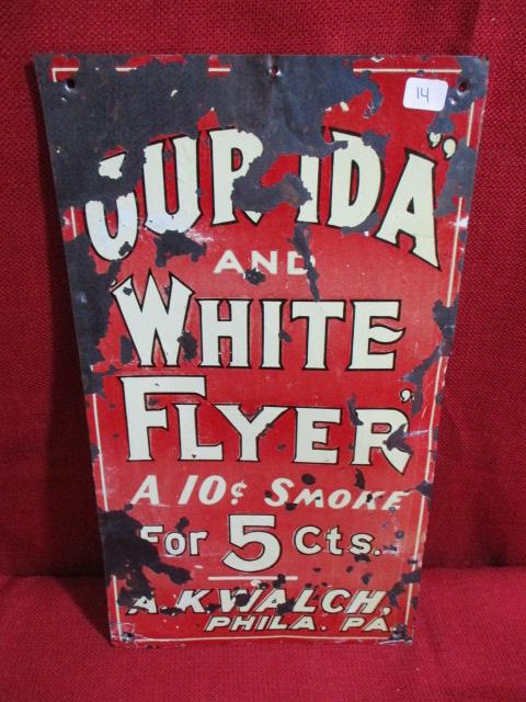 Ourida and White Flyer Early Tin Tacker Advertising Sign