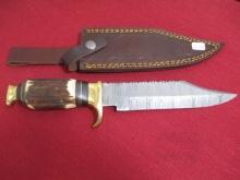 Hand Made Damascus Knife w/ Leather Sheath-Bone w/ Brass Handle