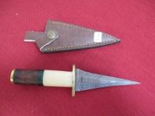 Hand Made Damascus Knife w/ Leather Sheath-Wood/Acrylic/Brass Handle