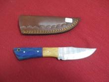 Hand Made Damascus Knife w/ Leather Sheath-Wood Handle