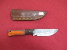 Hand Made Damascus Knife w/ Leather Sheath-Wood Handle
