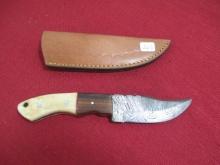 Hand Made Damascus Knife w/ Leather Sheath-Wood/Bone Handle