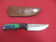Hand Made Damascus Knife w/ Leather Sheath-Wood/ Brass Inset Handle