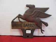 Original Embossed Mobil Gas "Drive Safely" License Plate Topper
