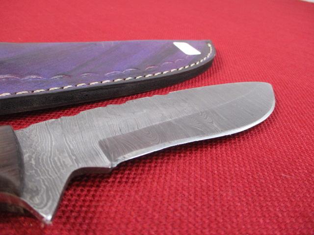 10" Wood and Brass Inlay Handmade Damascus Steel Knife with Sheath