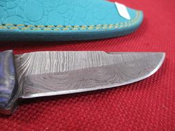 9" Wood and Brass Inlay Handmade Damascus Steel Knife with Sheath