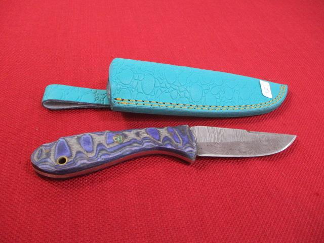 9" Wood and Brass Inlay Handmade Damascus Steel Knife with Sheath