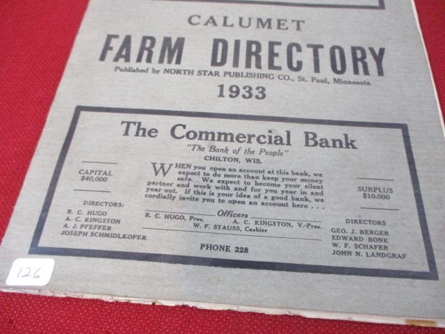 1933 Calumet County Farm Directory w/ Original Map