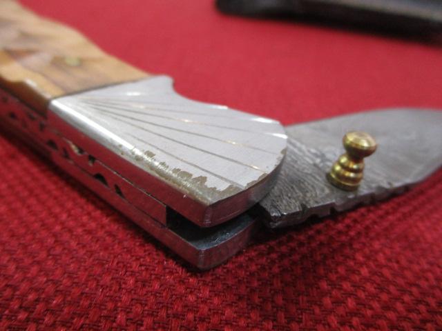 8" Wood and Brass Inlay Handmade Damascus Steel Folding Knife with Sheath