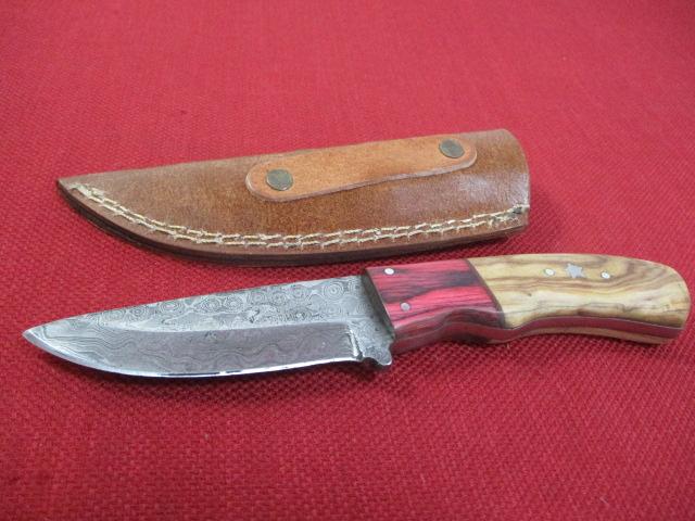 8" Wood and Brass Inlay Handmade Damascus Steel Knife with Sheath