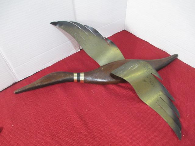 Midcentury-Modern Wood/Brass Flying Duck Wall Hanging