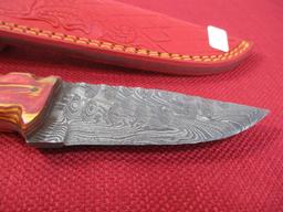 8" Wood and Brass Inlay Handmade Damascus Steel Knife with Sheath