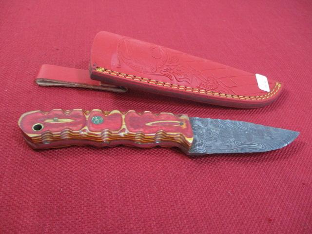 8" Wood and Brass Inlay Handmade Damascus Steel Knife with Sheath