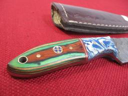 8" Wood and Brass Inlay Handmade Damascus Steel Knife with Sheath