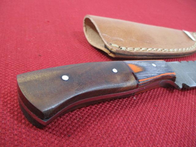 8" Wood and Brass Inlay Handmade Damascus Steel Knife with Sheath