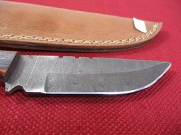 8" Wood and Brass Inlay Handmade Damascus Steel Knife with Sheath