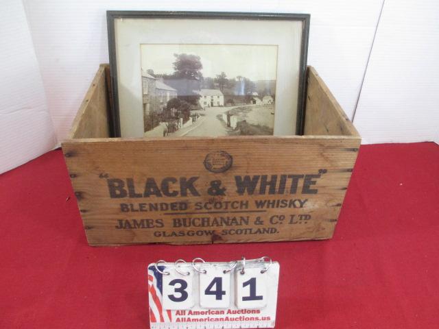 Black & White Scotch Whiskey Advertising Crate w/ Vintage Photo