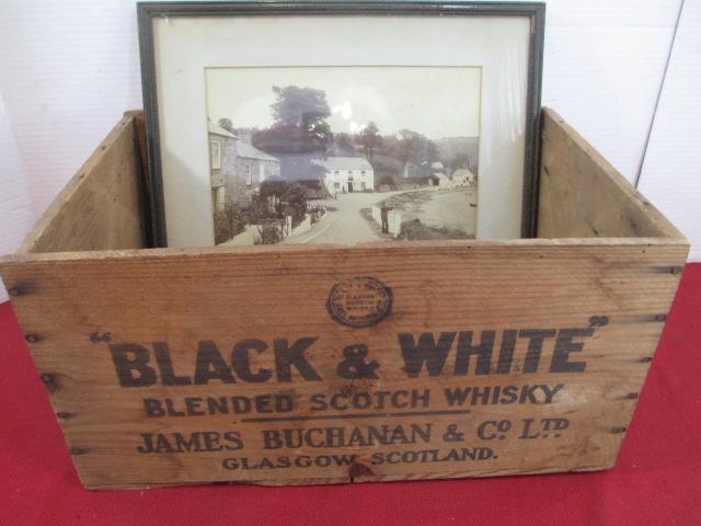 Black & White Scotch Whiskey Advertising Crate w/ Vintage Photo