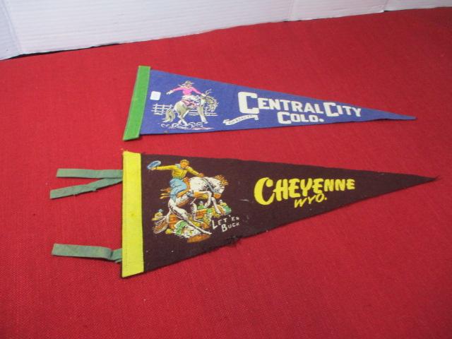 Pair of Western Themed Saddle Bronc Rider Pennants