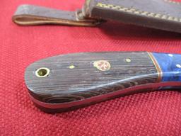 8" Wood with Acrylic and Brass Inlay Handmade Damascus Steel Knife with Sheath