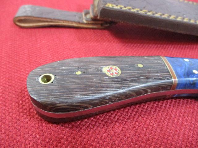 8" Wood with Acrylic and Brass Inlay Handmade Damascus Steel Knife with Sheath