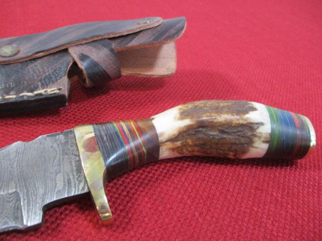 8" Bone with Acrylic and Brass Inlay Handmade Damascus Steel Knife with Sheath