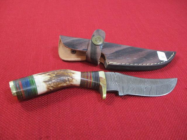8" Bone with Acrylic and Brass Inlay Handmade Damascus Steel Knife with Sheath