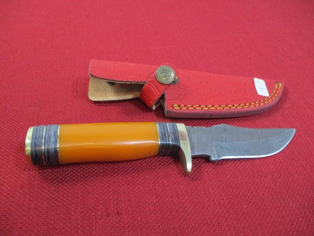 9" Acrylic  and Brass Inlay Handmade Damascus Steel Knife with Sheath