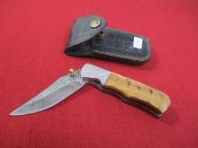 8" Wood and Brass Inlay Handmade Damascus Steel Folding Knife with Sheath