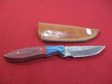 8" Wood and Brass Inlay Handmade Damascus Steel Knife with Sheath