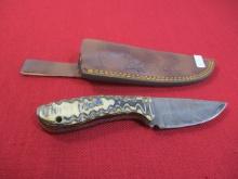 8" Wood and Brass Inlay Handmade Damascus Steel Knife with Sheath