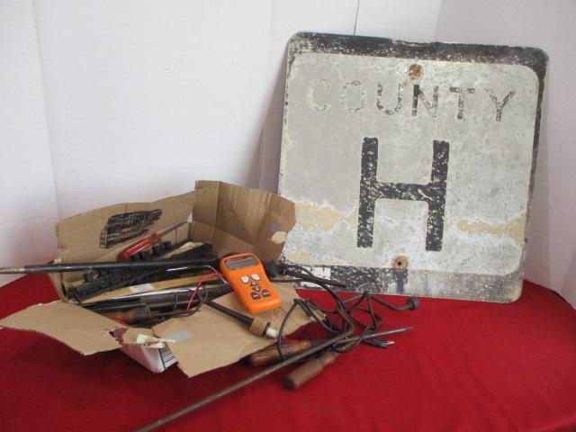 Box of Mixed Tools w/ County H Road Sign
