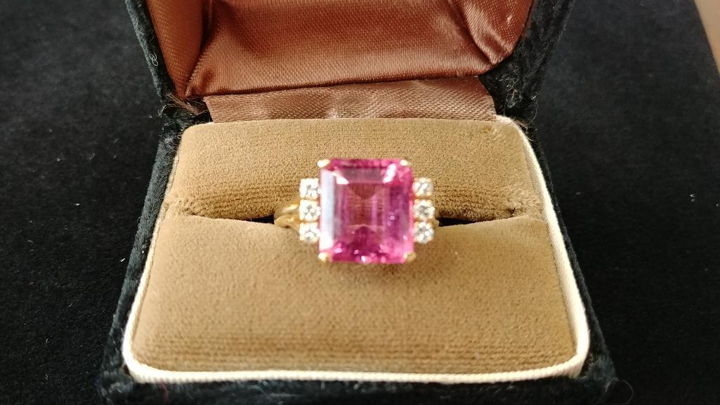 Ladies 14 kt, y/g emerald cut pink tourmaline 12.2mm x 11mm ring with six (6) .04 cut diamonds. Size