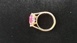 Ladies 14 kt, y/g emerald cut pink tourmaline 12.2mm x 11mm ring with six (6) .04 cut diamonds. Size