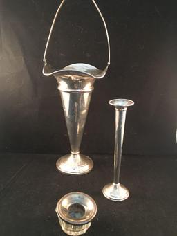 Sterling 7 Inch Basket Vase & 2 Sterling Candlesticks