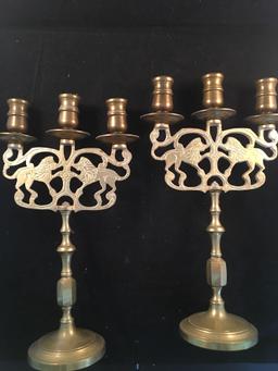 Two Unmarked Brass Candelabras 6 Candles