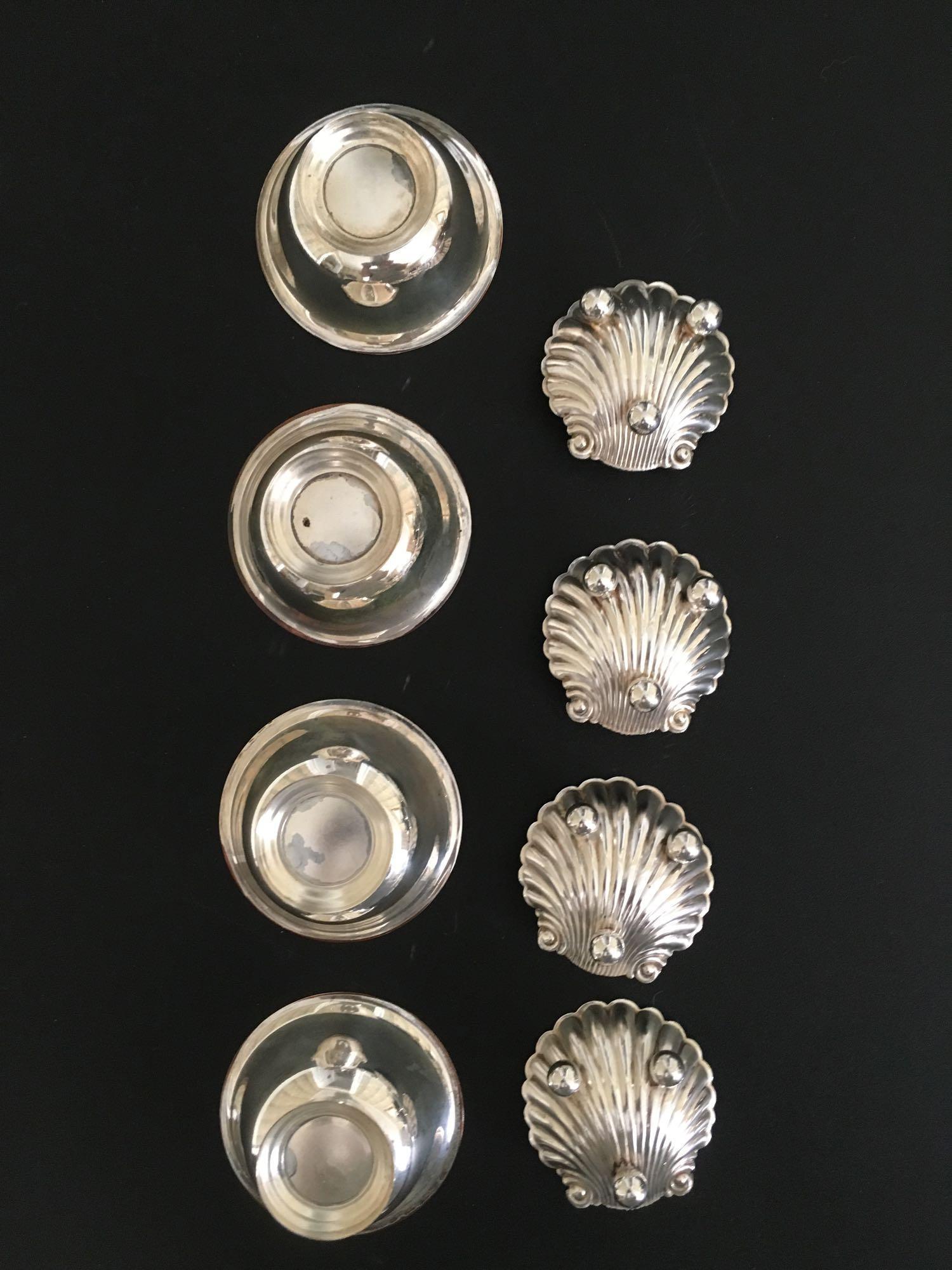 4 Revere Bowl Salts Silver Plated; 4 Plated Seashell Salts, 1 Plates Pedastool Bowl 11 Diameter