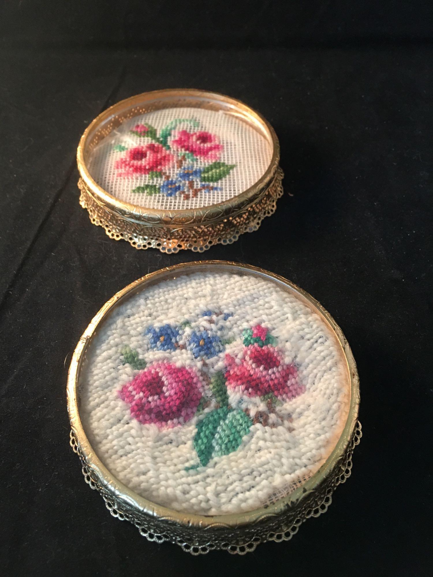 2 Needlepoint Coasters; Unmarked Chipped Bowl & Floral Picture Frame