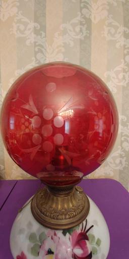 Victorian lamp - etched cranberry globe