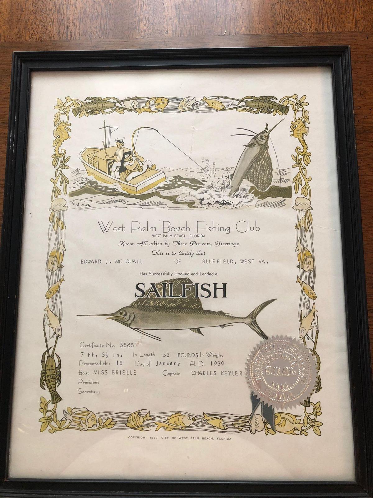 West palm beach fishing club certificate 1939