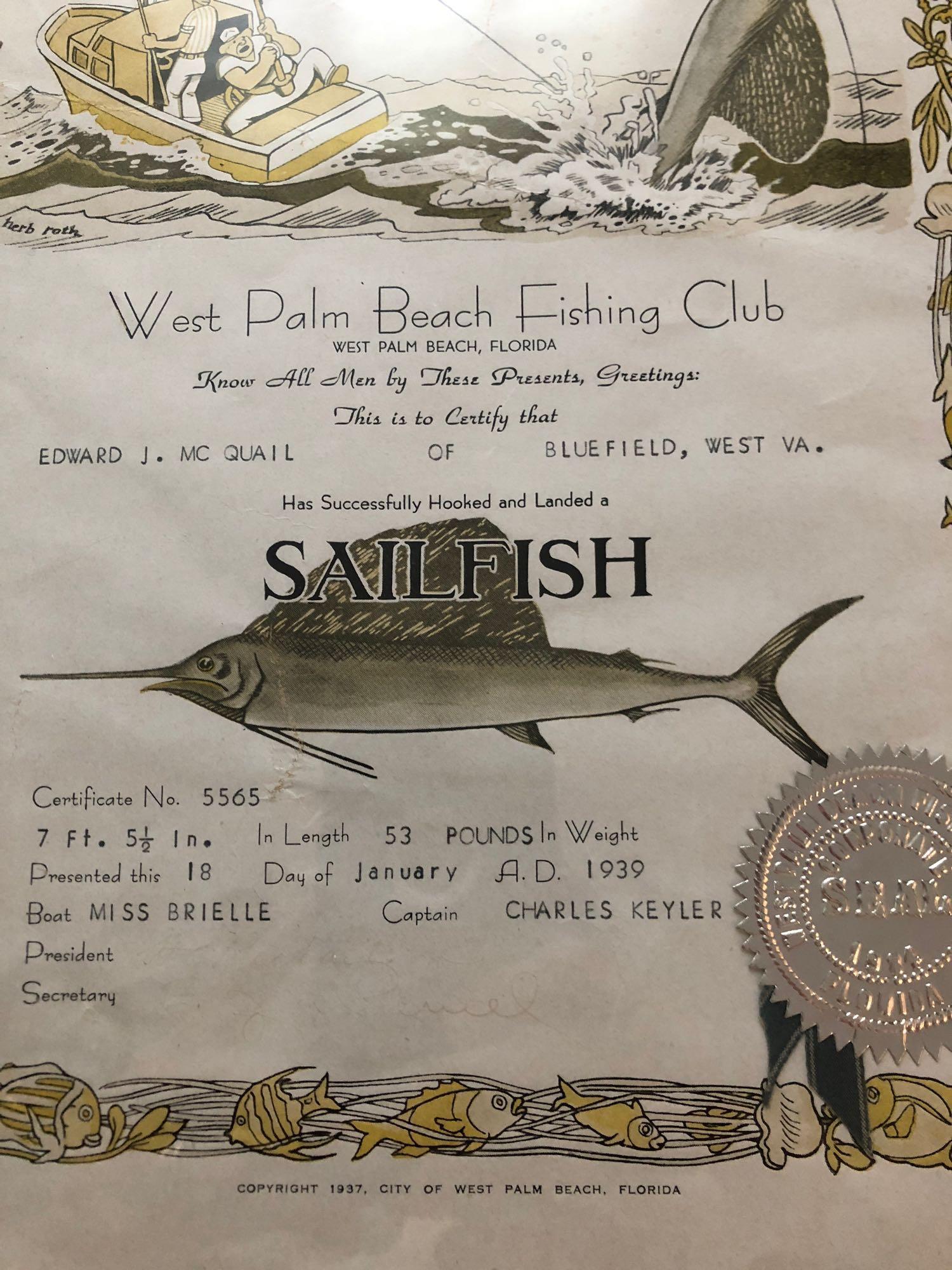 West palm beach fishing club certificate 1939