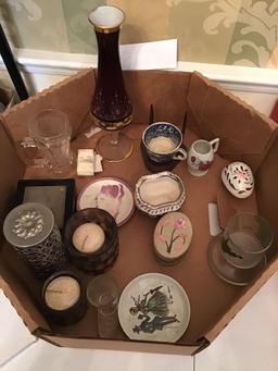 Lot of miscellaneous glass items. Candles etc.